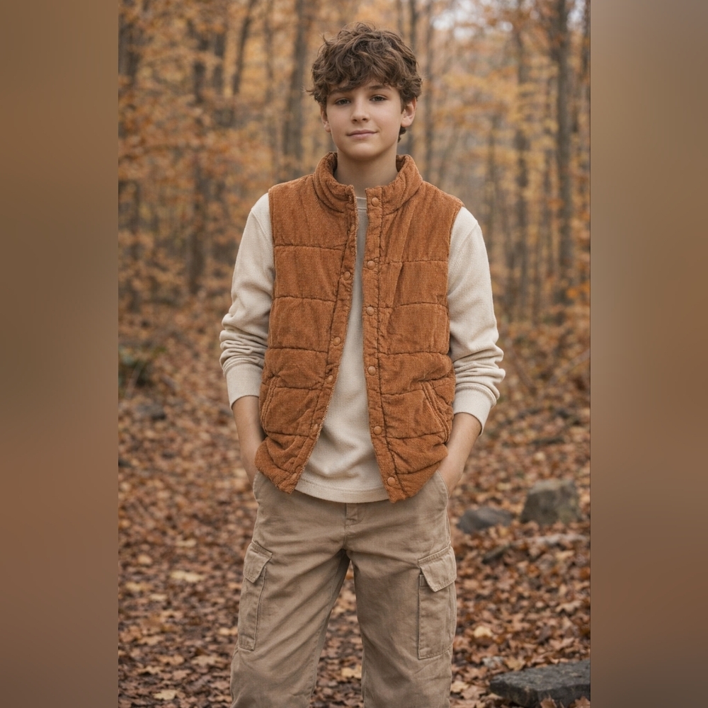 Tommy Bahama Kids XL 14 Corduroy Puffer Vest Plaid Lined Brown Outdoor Warm